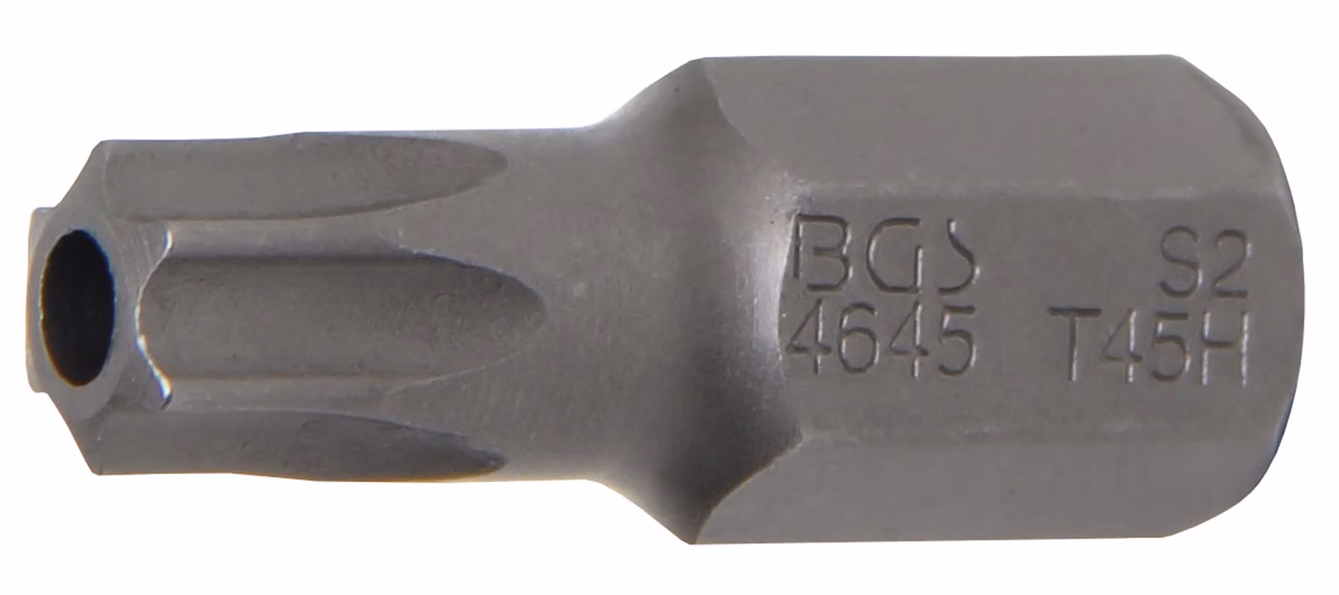 Bit | lunghezza 30 mm | attacco esagonale esterno 10 mm (3/8") | profilo a T (per Torx) con foro T45