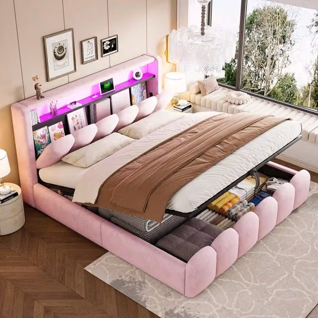 Letto matrimoniale imbottito con contenitore 180x200 cm; USB e Type-C; LED; velluto rosa