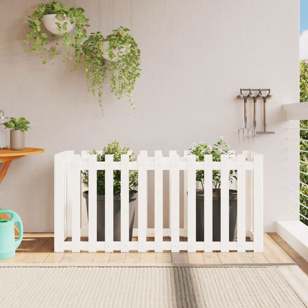 Fioriera da giardino a recinzione vidaXL in legno di pino massello, colore bianco, L 150 x P 50 x H 70 cm
