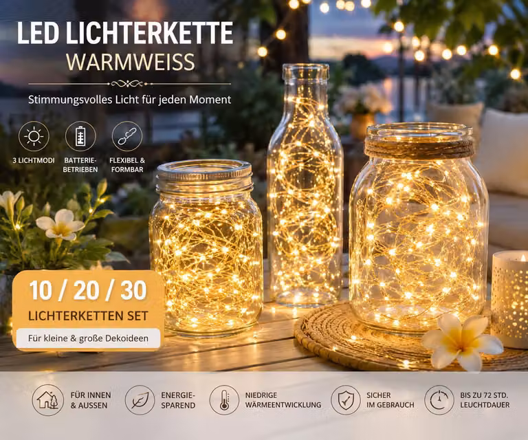 Ghirlanda luminosa a LED con 20 mini luci e batteria, 2 m, ghirlanda per interni, decorazione regalo, camera, matrimonio, Natale, festa, filo di rame, E0706