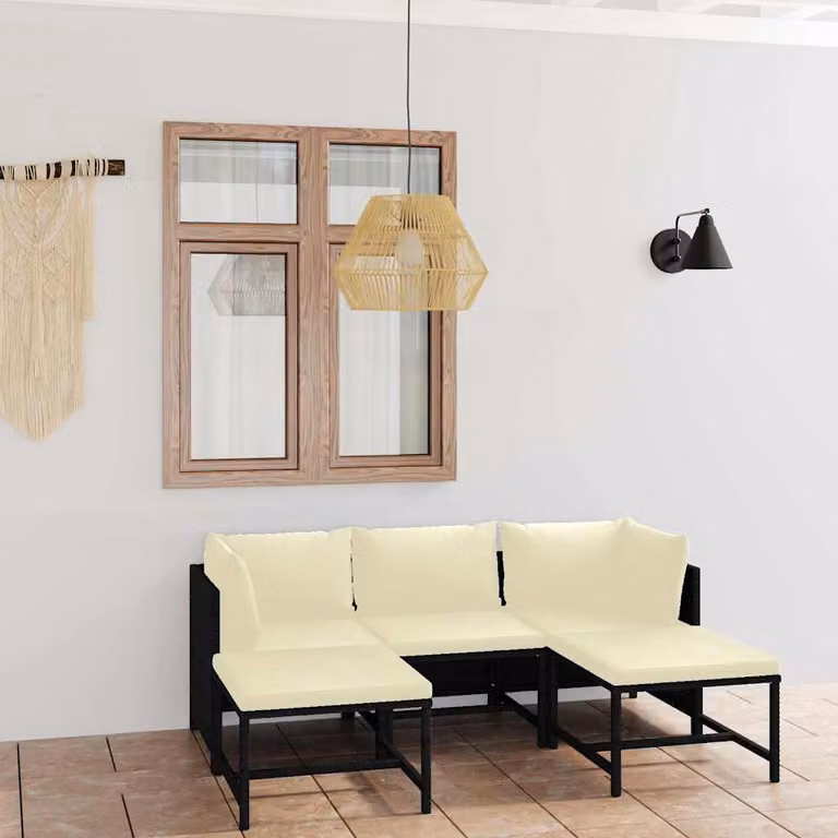 Set Divani da Giardino vidaXL 5 pz a Forma a L con Cuscini Bianchi e Struttura in Metallo Nero
