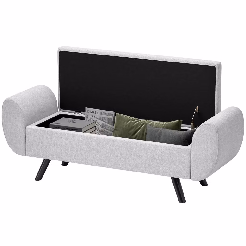 Panca Contenitore con Braccioli Xylo in Tessuto Grigio e Gambe in Legno, L: 132 cm, P: 42 cm, H: 50 cm – 2