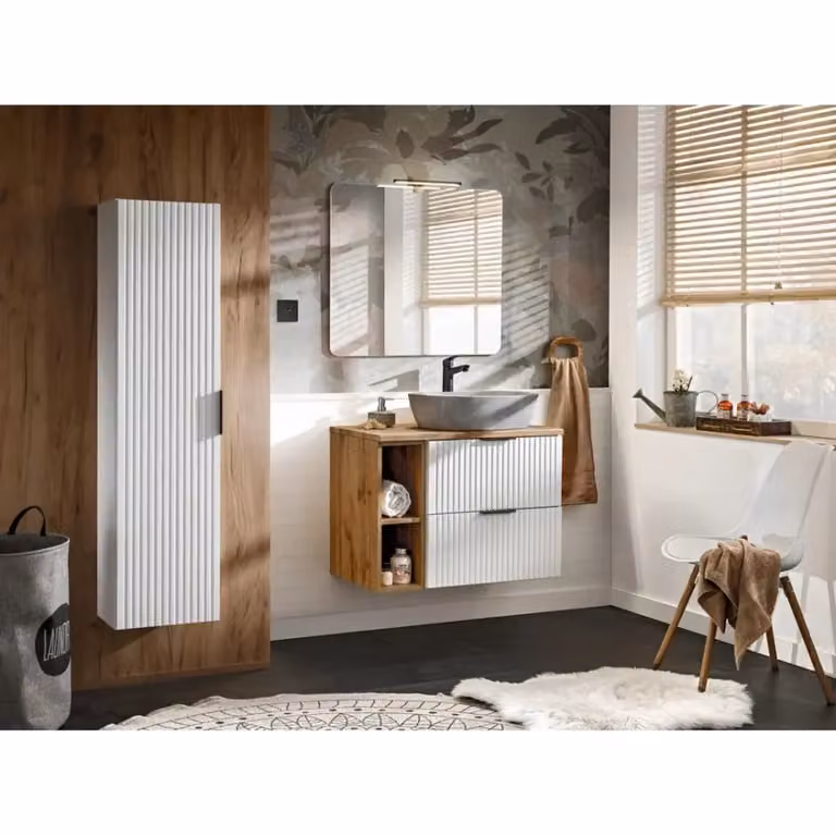 Mobile da bagno sospeso Meublorama con ante a battente, colore marrone, L: 20 cm, P: 57 cm, H: 46 cm