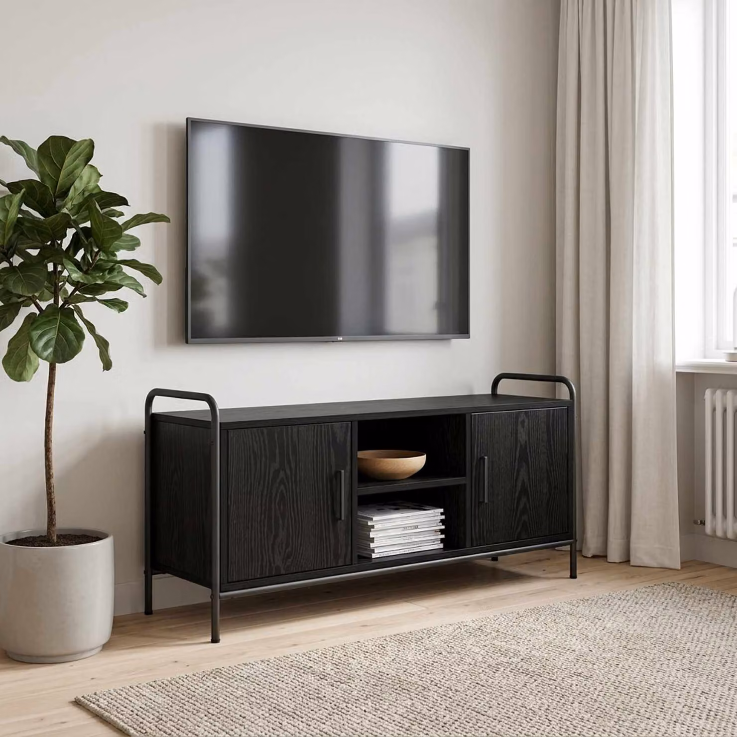 Mobile TV vidaXL moderno in legno e metallo nero, L 99 x P 33 x H 50 cm