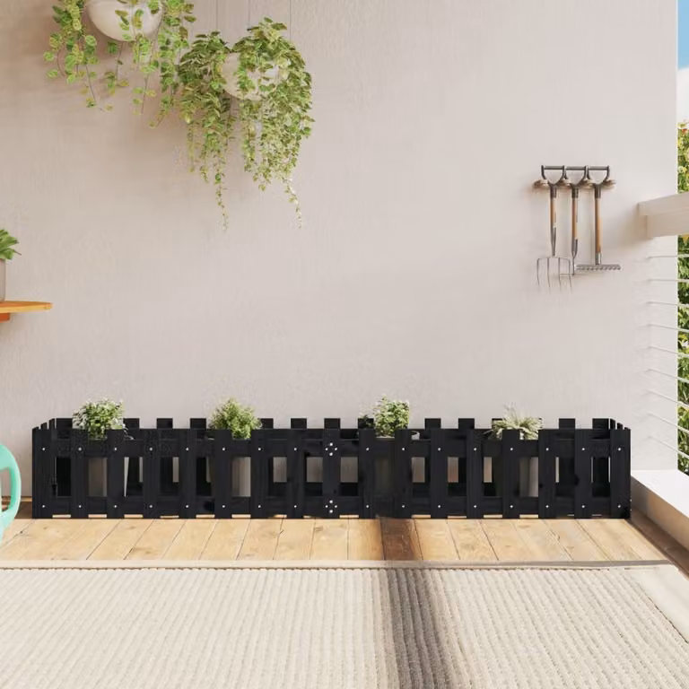 Fioriera da giardino a recinzione vidaXL in legno di pino massello, colore nero, L 200 x P 30 x H 30 cm