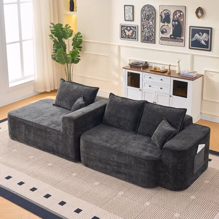 Divano angolare okwish, divano letto, 3 posti, divano modulare flessibile con tasca laterale, ampio spazio relax, tessuto in chenille, colore nero