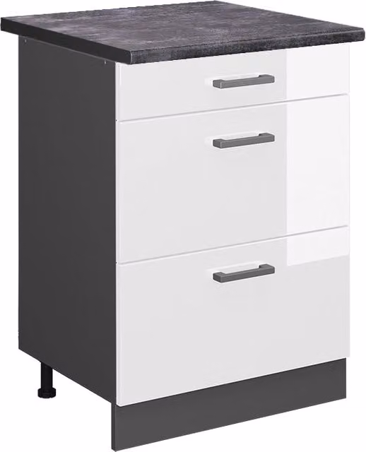 Mobiletto base per cucina R-Line Bianco lucido/Antracite 60 cm con cassetti, PL Antracite Vicco