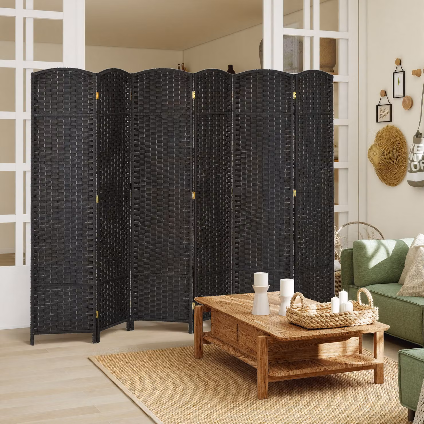 Paravento divisorio da interni HOMCOM pieghevole a 6 ante in legno con intreccio rattan, L: 240 cm, H: 170 cm, Nero – 2