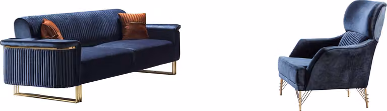Blaues Wohnzimmer Set Designer 3-Sitzer Polstersessel Luxus Möbel 2tlg