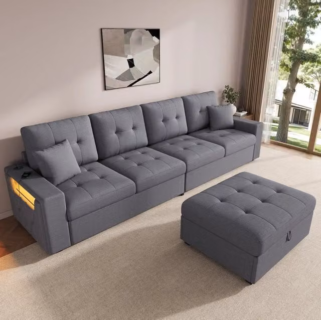 Divano angolare modulare 253x144,5x80,7 cm in tessuto lino grigio con contenitore –