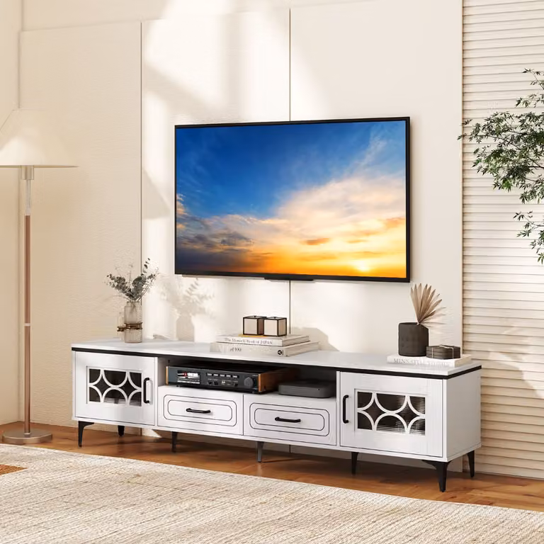 Mobile TV Costway in legno bianco per televisori fino a 80 pollici, consolle media moderna per soggiorno con vani contenitori, L: 180,5 cm