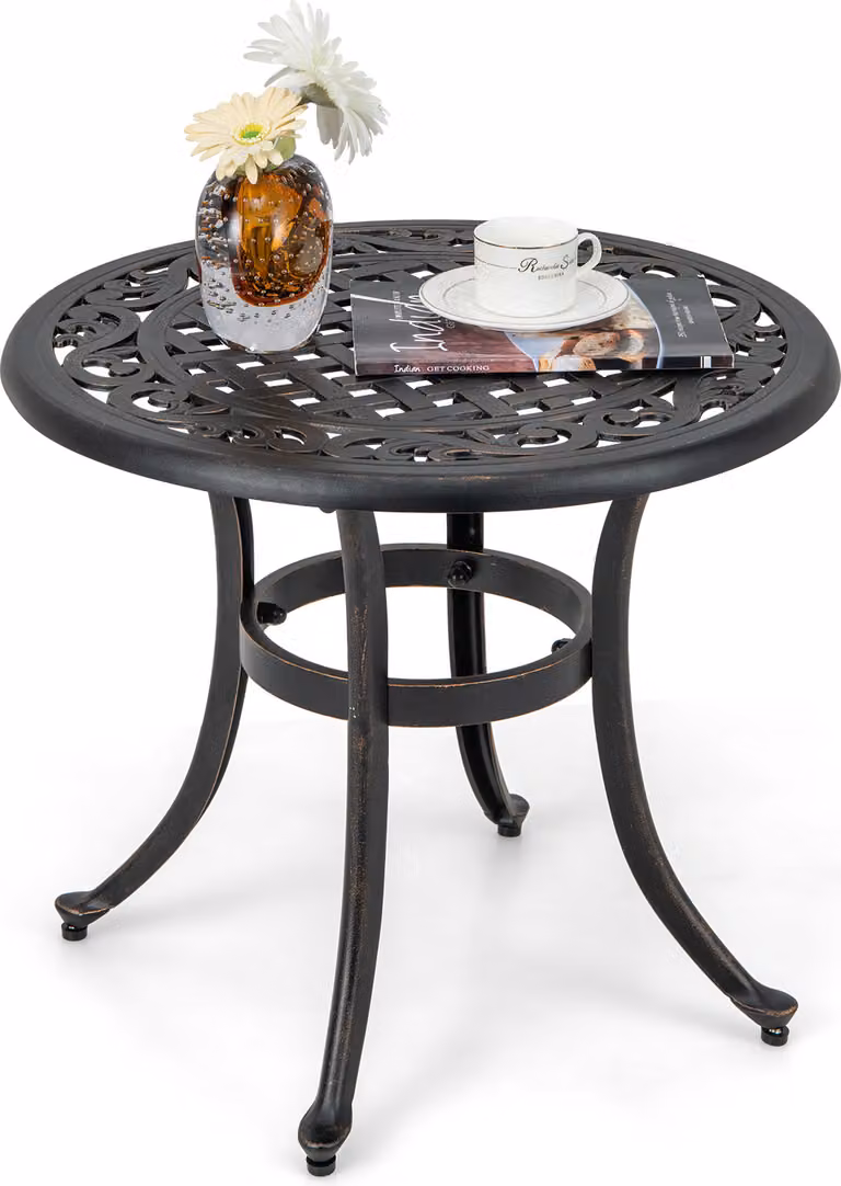 Tavolo laterale COSTWAY, tavolo da balcone resistente alle intemperie con piedini regolabili, tavolo rotondo da giardino in fusione di alluminio 60x60x53cm marrone antico