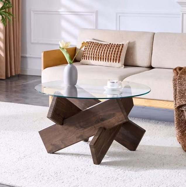 Tavolino da salotto ULEVR rotondo ?79x45 cm in MDF effetto noce e vetro trasparente