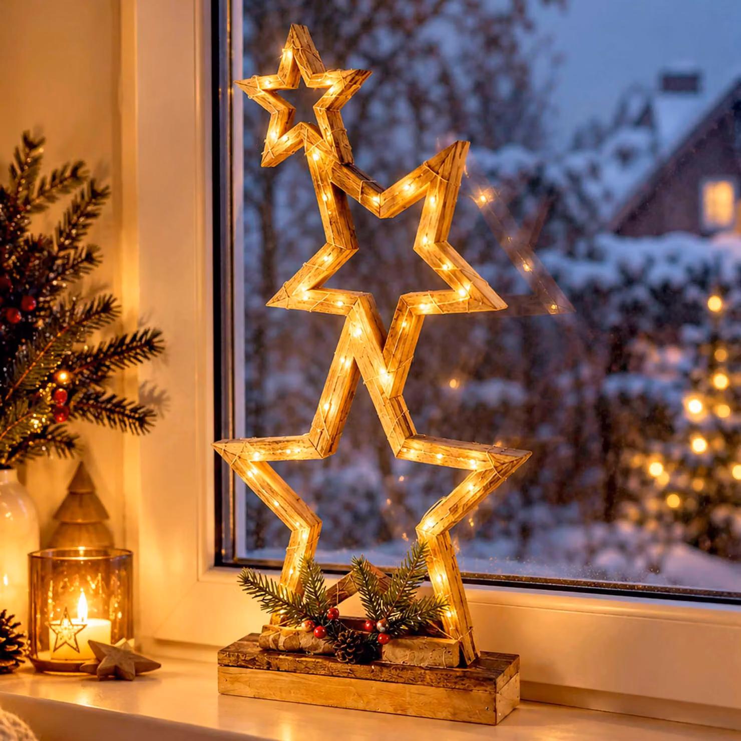 3.10 Support decorativo in legno con 3 stelle - circa 52 x 30 cm - illuminato con 35 LED / alimentato a batteria + timer