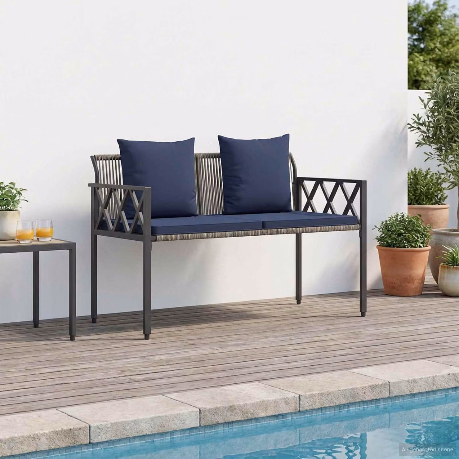Panchina da esterno a 2 posti vidaXL in rattan e metallo con braccioli, L 116 x P 56 x H 75 cm