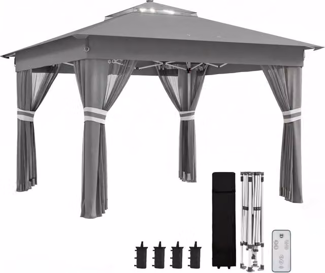 Gazebo da Giardino ad Altezza Regolabile con Luci LED, in Acciaio e tessuto Oxford, 336x336x250-270 cm, Grigio