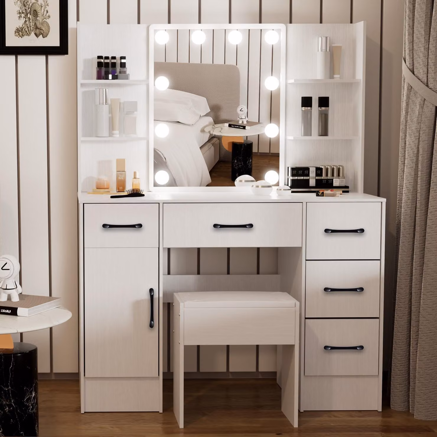 Tavolino da trucco con specchio a LED, bianco, 5 cassetti, in legno, per la camera da letto
