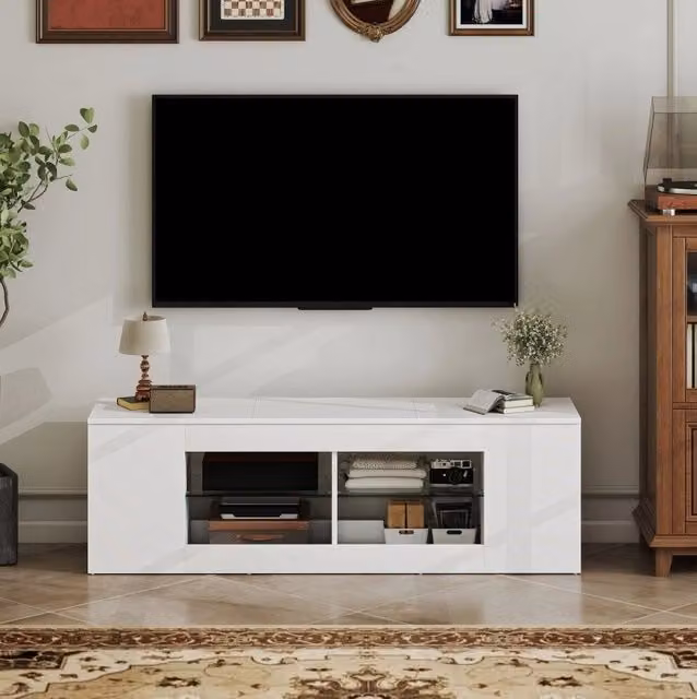 Mobile TV 140 cm bianco con ripiani in vetro e 6 vani portaoggetti
