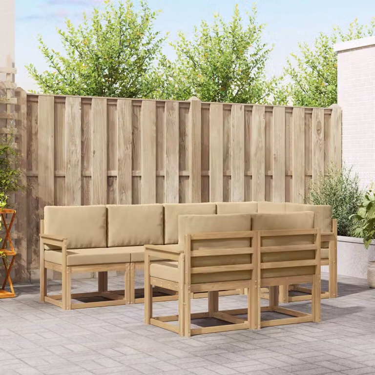 Set di divani da esterno vidaXL 7 pz a forma di L in legno di acacia con cuscini Bianco e Beige