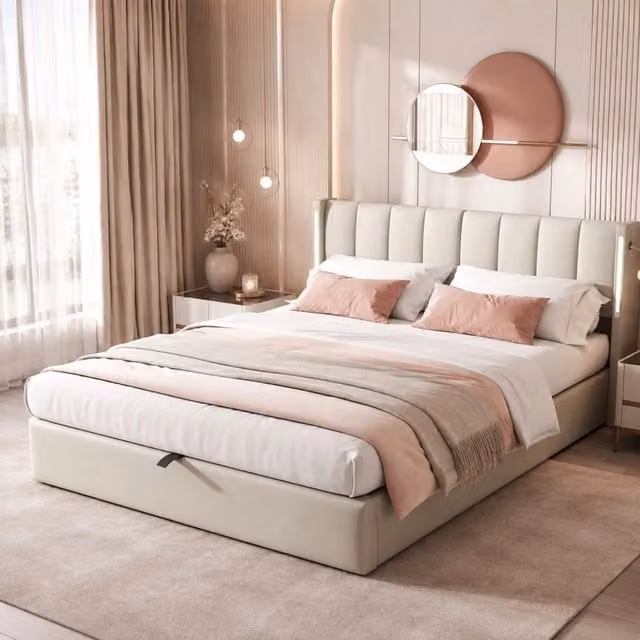 Letto contenitore Mivray con illuminazione LED e porta USB, rivestimento in ecopelle grigio, L/P: 140 x 190 cm