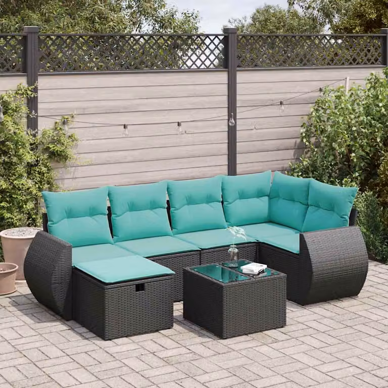 Set Divano da Giardino a L vidaXL con 7 Pezzi, Polyrattan e Cuscini Imbottiti, Colore Nero