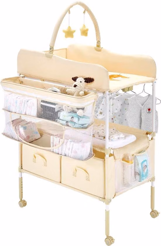 Comodino pieghevole con 2 scomparti in tessuto, asta appendiabiti, struttura regolabile in altezza, ruote con freno e 2 stelle, colore beige