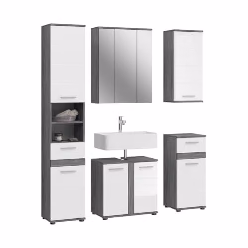 Meublorama William - Set di mobili da bagno – grigio scuro e bianco – 164 x 191 x 34 cm – 6 porte, 2 cassetti