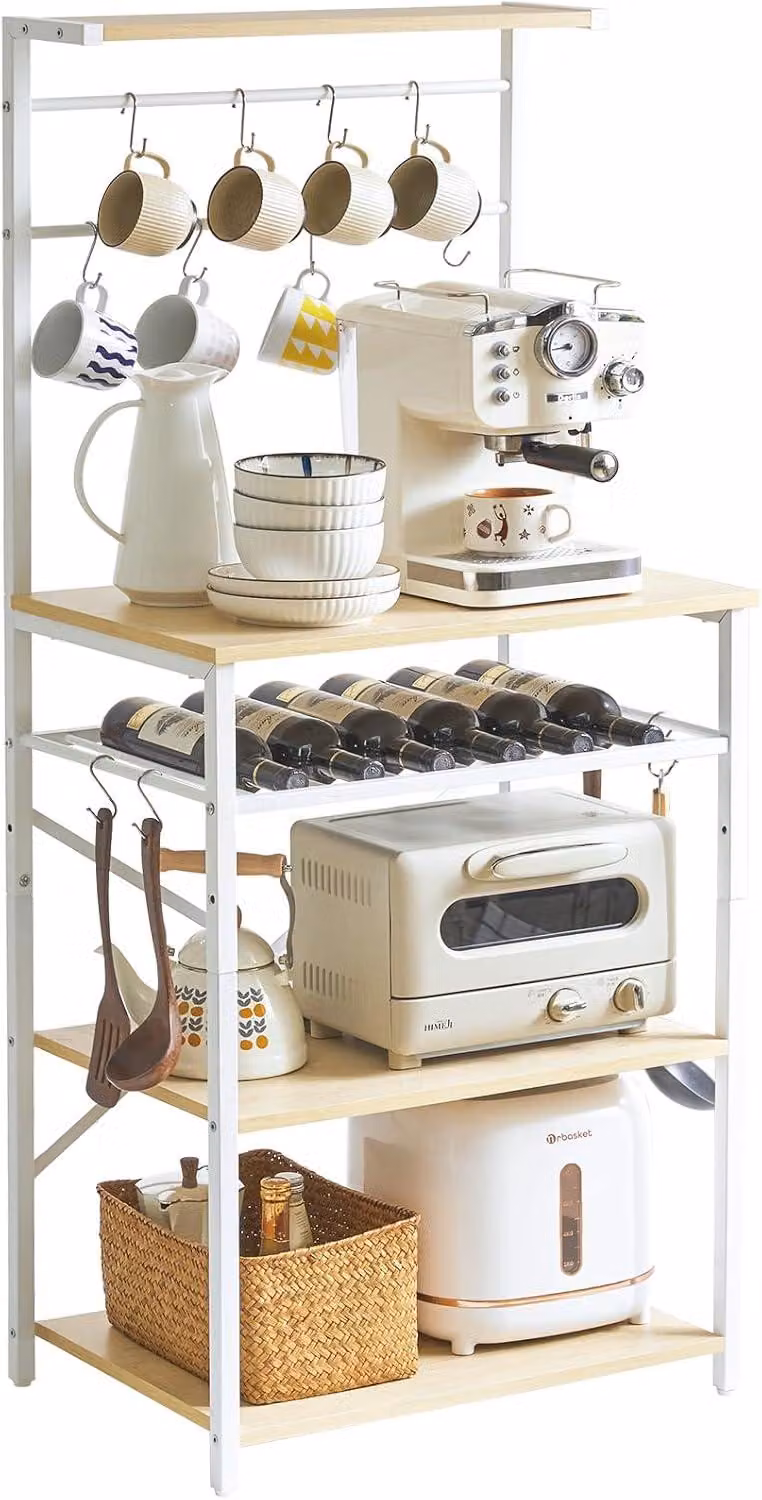 Ripiano portaoggetti per cucina, ripiano a 5 livelli, scaffale per panettiere, scaffale autoportante, ripiano per microonde con portabottiglie regolabili e ganci a forma di S, organizer multifunzione