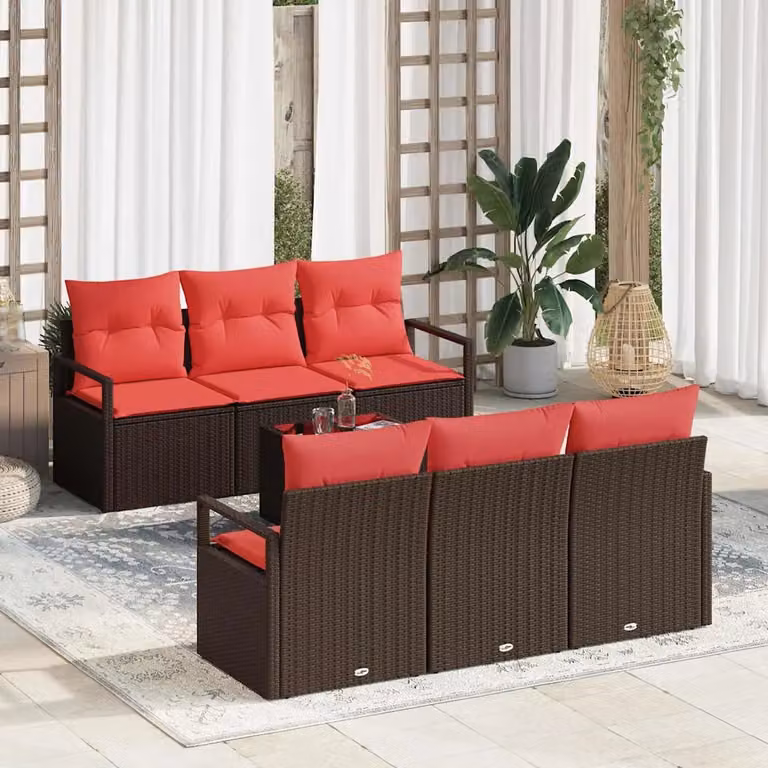 Set di divani da giardino vidaXL composto da 7 pezzi con struttura in rattan e metallo, colore marrone e rosso, ideale per terrazza o giardino