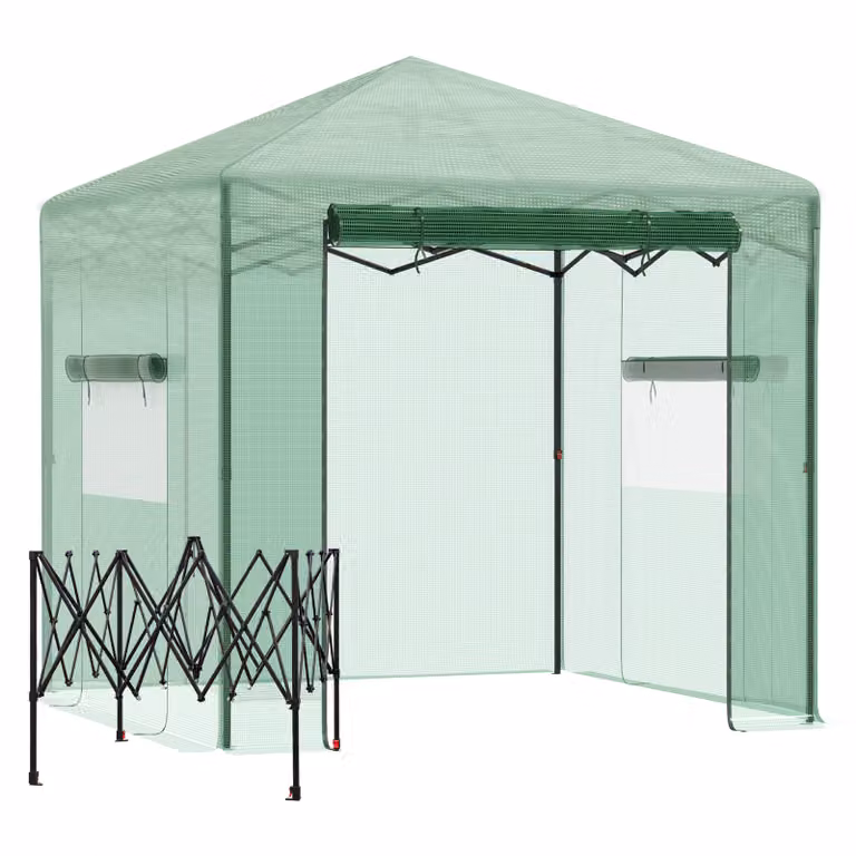 Outsunny Serra Serra per pomodori Struttura fredda con porta e finestra per l'arrotolamento Acciaio PE Verde scuro 238 x 178 x 240 cm