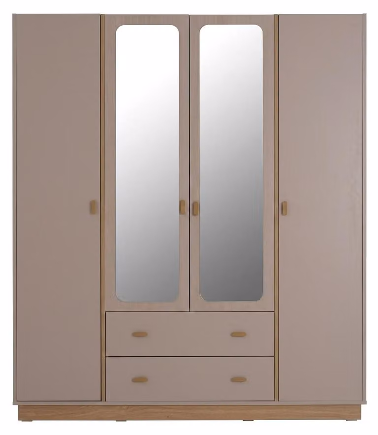 Armadio a 4 ante in legno color beige, pratico e moderno, ideale per una camera da letto giovanile