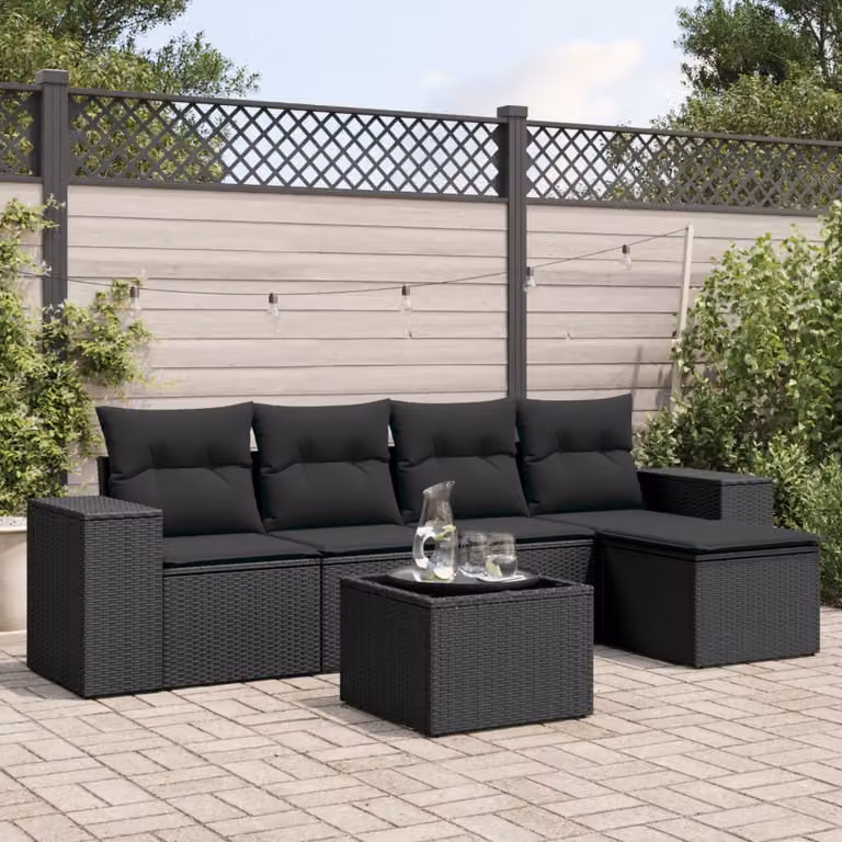 Set Divano da Giardino a L vidaXL in Polyrattan Nero con 6 Pezzi e Cuscini Imbottiti