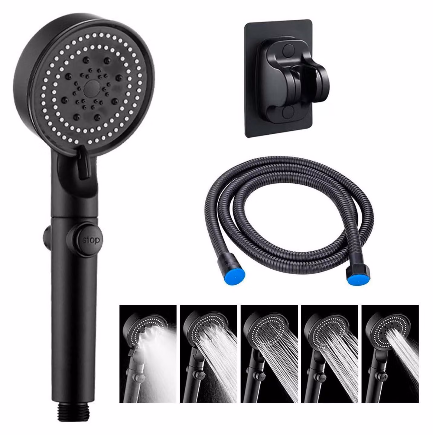 Set doccia con soffione, tubo flessibile da 1,5 metri, 6 getti, supporto senza foratura, colore nero
