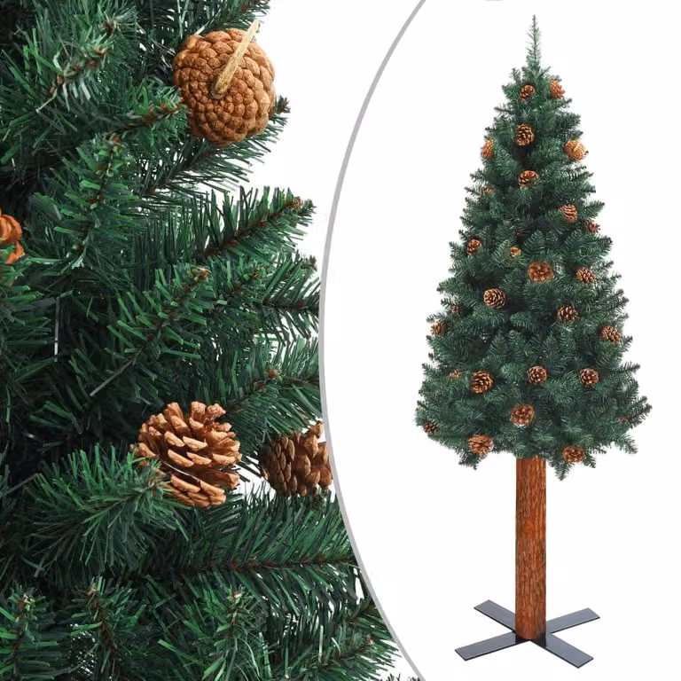 The Living Store Albero di Natale sottile con legno vero e pigne verde 150 cm PVC