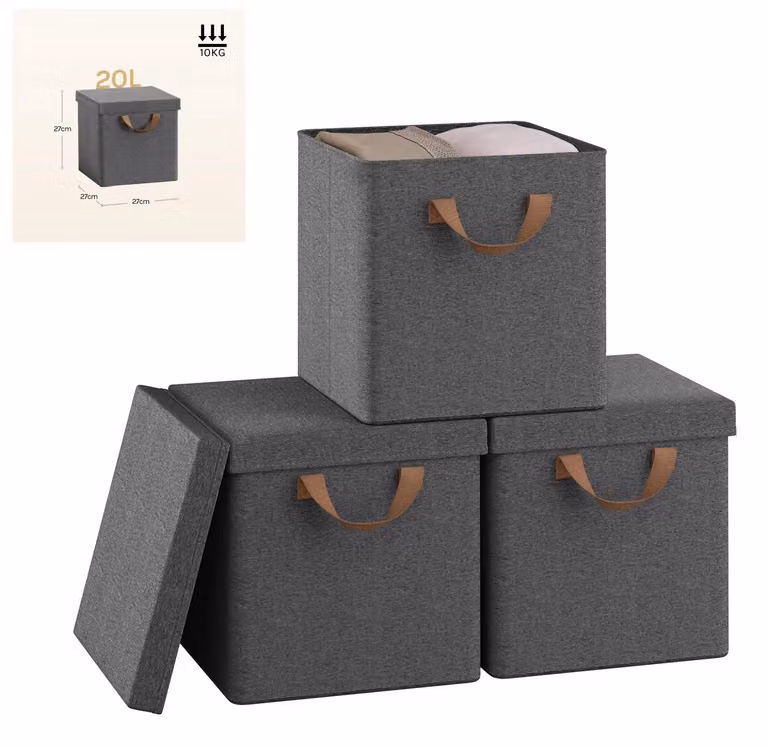 Contenitori per abbigliamento - Scatole pieghevoli in tessuto con coperchio - Set da 3 - 20 litri - Grigio - Tessuto non tessuto
