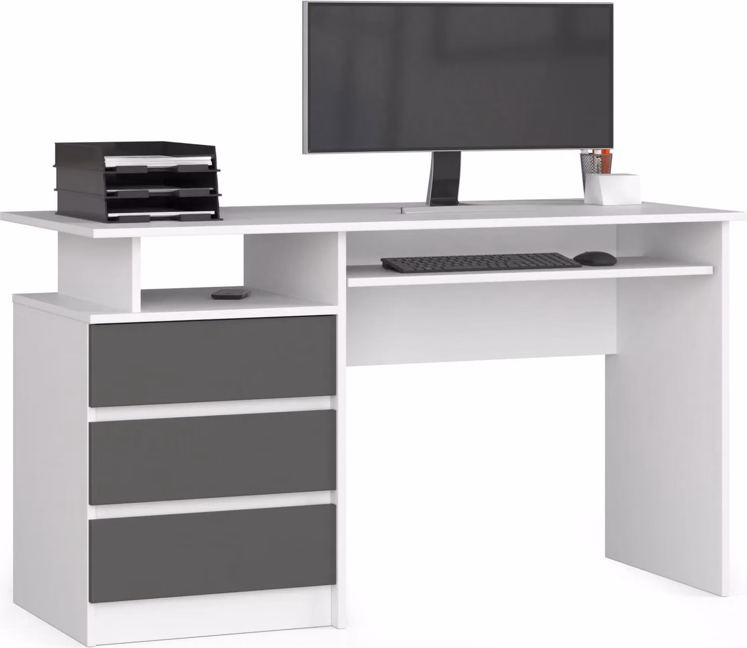Scrivania per ufficio scandinava 135 cm bianca e grigio grafite con 3 cassetti e ripiano estraibile per tastiera