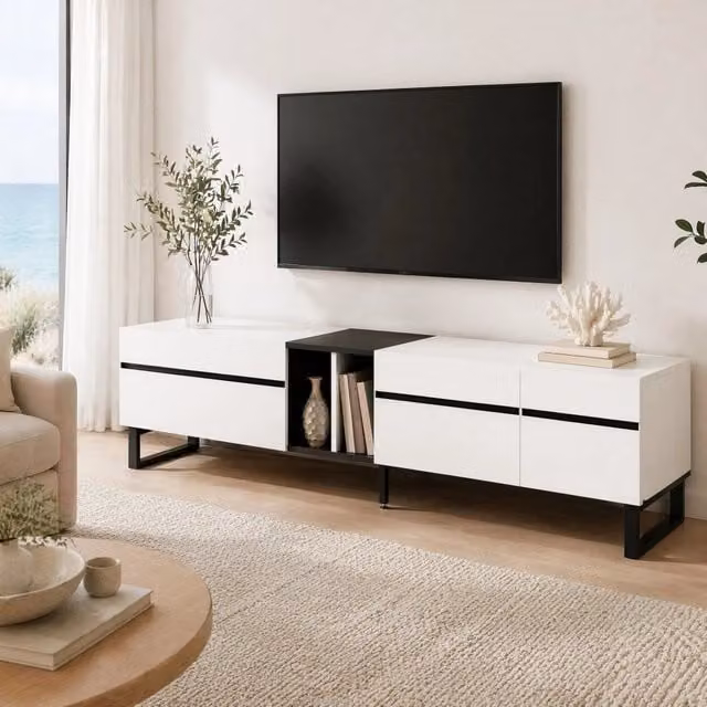 Mobile TV REDOM bianco con ante e vano a ribalta, L: 180 cm, P: 38 cm, H: 45 cm