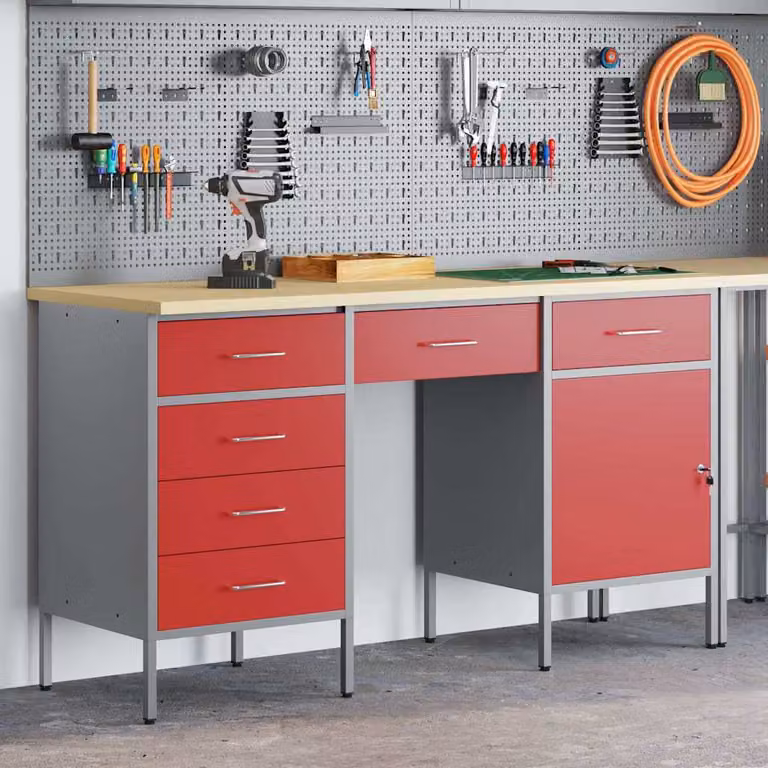 Set di 3 carrelli da lavoro mobili vidaXL in legno ingegnerizzato e acciaio, colore rosso