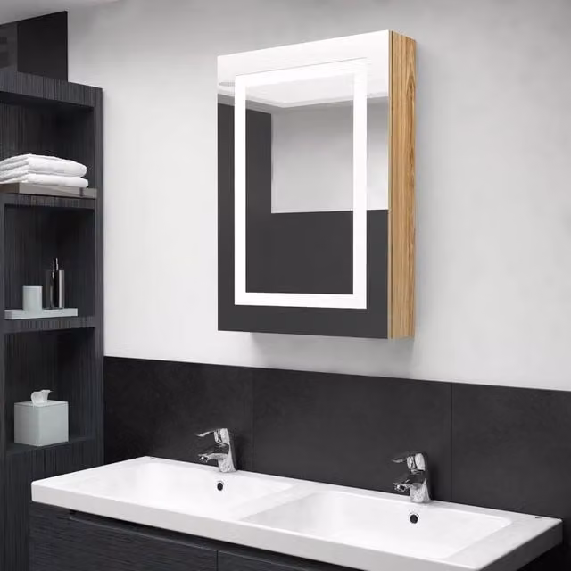 Armadietto da bagno moderno vidaXL con specchio e illuminazione LED, colore marrone, L: 50 cm, P: 13 cm, H: 70 cm – 1