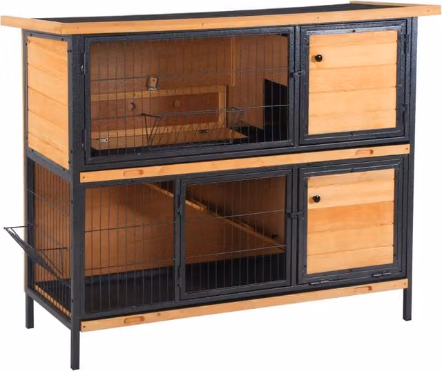 Gabbia per conigli Minimal in legno di abete con tetto in bitume ribaltabile, porte con serratura e vassoio estraibile, colore naturale e nero, L: 122 cm, P: 50 cm, H: 101 cm – 1