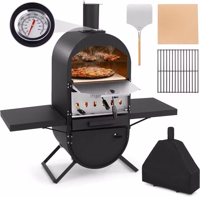 Forno per pizza da esterno Costway a legna con pietra da 31 cm, termometro e copertura impermeabile, colore nero – 1