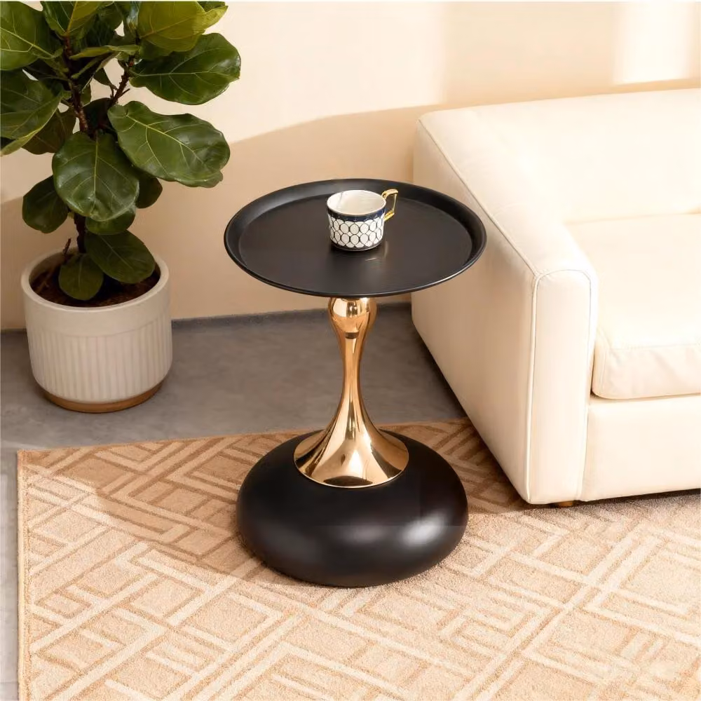 Tavolino rotondo - Tavolino da divano - 38 cm - Struttura in metallo - Nero e oro