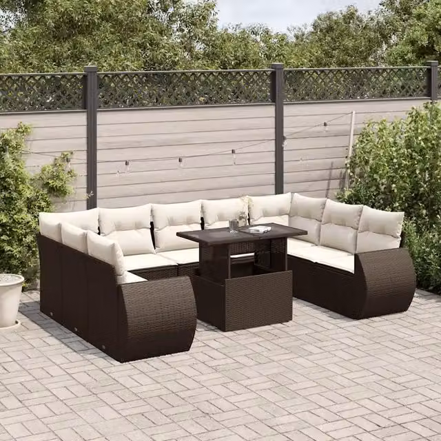 Set Divani da Giardino 10pz con Cuscini in Polyrattan Marrone 3268743