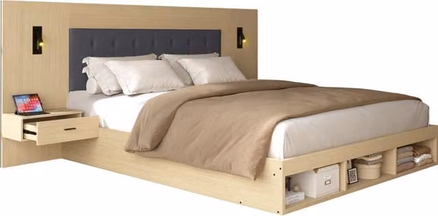 Letto matrimoniale 160x200 cm con contenitore, USB e Type-C, lampade da lettura, 2 comodini, legno chiaro, MDF, per camera moderna