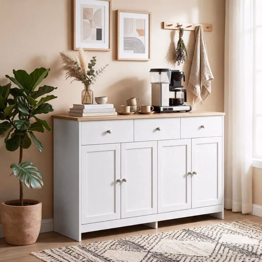 Credenza Moderna per Cucina e Soggiorno Bianca con 4 Ante e 3 Cassetti, L: 160 cm, P: 37 cm, H: 75 cm – 2