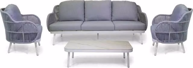 Salotto da esterno Wichita Vacchetti a 3 posti in alluminio bianco con cuscini e corda grigio chiaro