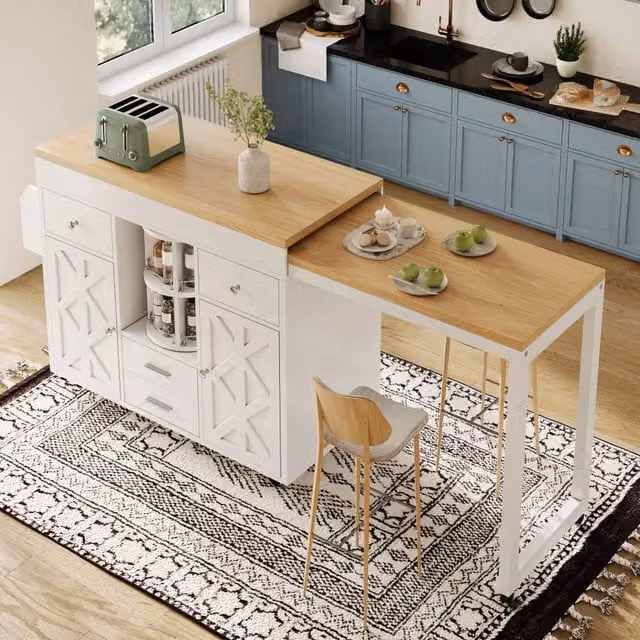 Tavolo da bar allungabile Vovees Living bianco con ruote e piano in MDF