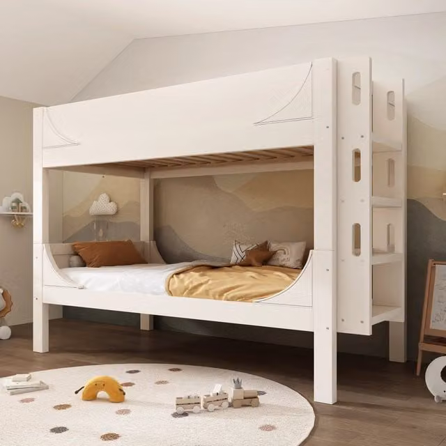 Letto a castello 90x200 cm separabile in due letti singoli, bianco in legno con scala reversibile, design a slitta, senza materasso
