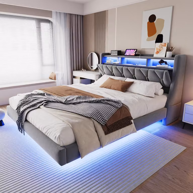 MODFU Letto imbottito 180x200 con luce LED e cassetto, letto matrimoniale con contenitore, struttura letto con contenitore, letto in legno con struttura rinforzata, grigio