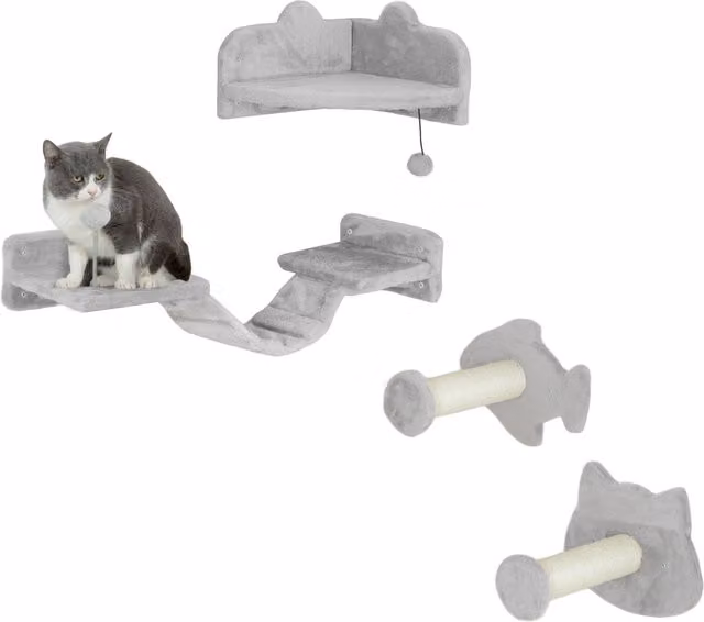 PawHut Gioco da Parete per Gatti con Pale in Sisal Sostituibile, Doppia Piattaforma, Scala e Piattaforma per Saltare, Grigio – 1